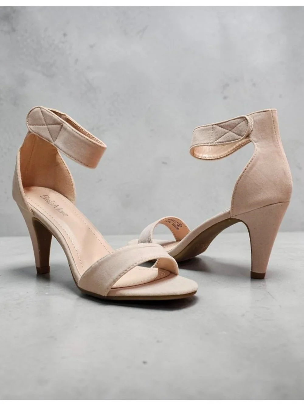 Taupe Suede Open-Toe Heels With Ankle Strap Bella Marie Brand